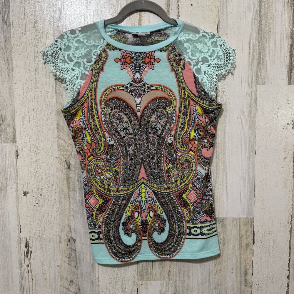 Bisou Bisou Paisley Lace Sleeve Top - Mint and Multicolor